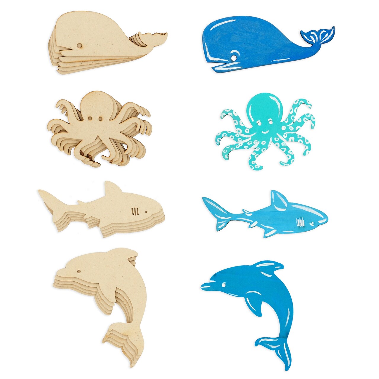 24 Pieces Unfinished Sea Creatures Wood Cutouts for Crafts, Wooden Ocean Animals (Octopus, Shark, Whale, Dolphin)